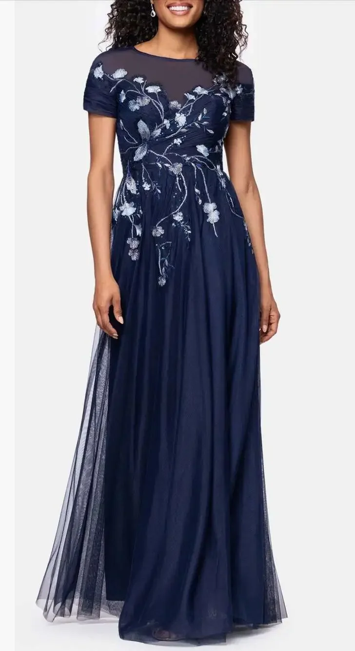 Betsy & Adam Short Sleeve Floral Sequin Embroidered Mesh A-Line Gown size 8